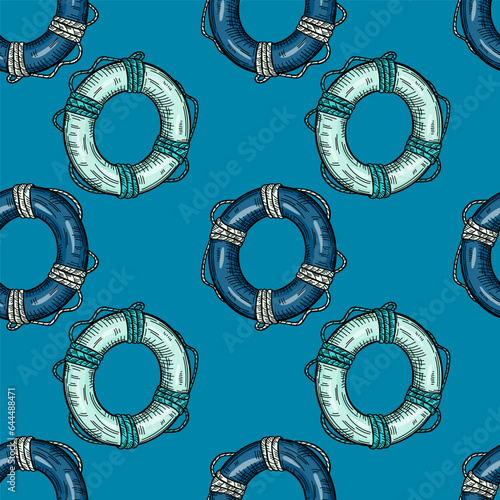 Vintage lifebuoy with rope sketch seamless pattern. Hand drawn life ring in engraving style wallpaper.