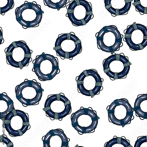 Vintage lifebuoy with rope sketch seamless pattern. Hand drawn life ring in engraving style wallpaper.