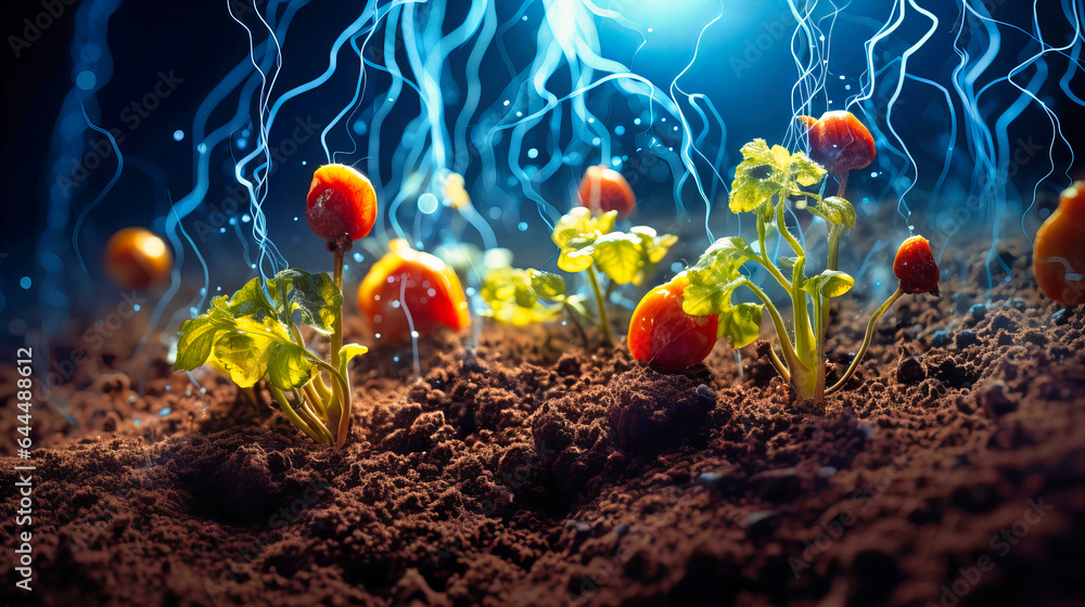 Nanotechnology in soil, enhancing nutrient absorption for crops - obrazy, fototapety, plakaty 