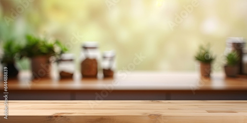 Wooden kitchen table. . In the background is a blurred kitchen background. Kitchen banner.