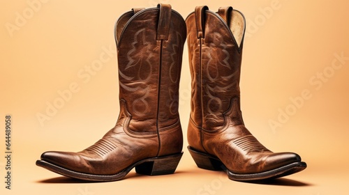 Photo of a pair of rustic cowboy boots resting on a wooden table