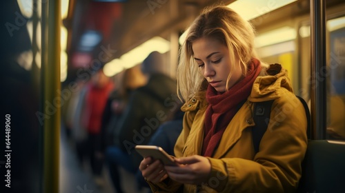 Photo of a woman engrossed in her phone on a subway train