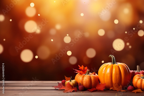 pumpkins with fall leaves on wooden ground  natural light  bokeh background  fall background with space for text