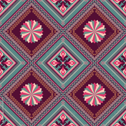 Seamless pattern with fantasy flowers, natural wallpaper, floral decoration curl illustration. Paisley print hand drawn elements.Geometric ethnic pattern seamless flower color