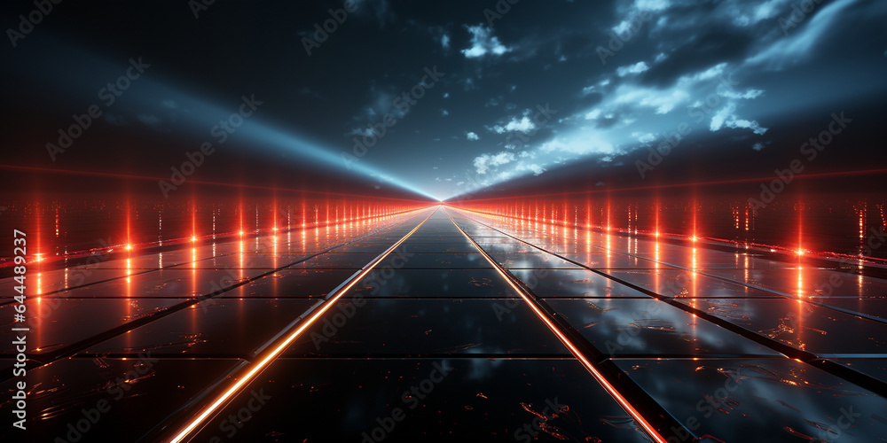 Futuristische Straße breit und weit mit roten Lichtern, ai generativ 
