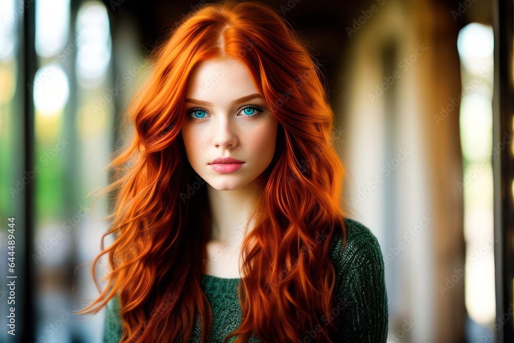 Beauty red-haired young woman green eyes mysteriously looking at camera. Redhead model sexy girl beauty face. Generative AI Beauty red-haired young woman green eyes mysteriously looking at camera. Redhead model sexy girl beauty face. Generative AI