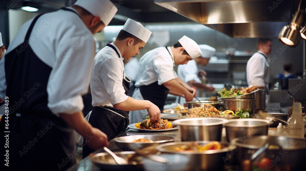 A team of young chefs preparing dishes in a busy restaurant kitchen, with copy space - obrazy, fototapety, plakaty 