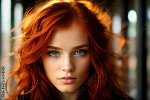 Beauty red-haired young woman green eyes mysteriously looking at camera. Redhead model sexy girl beauty face. Generative AI © Vitaliy