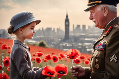 A child handing a poppy flower to a war veteran