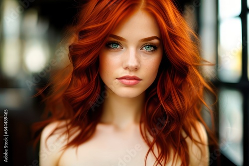 Beauty red-haired young woman green eyes mysteriously looking at camera. Redhead model sexy girl beauty face. Generative AI