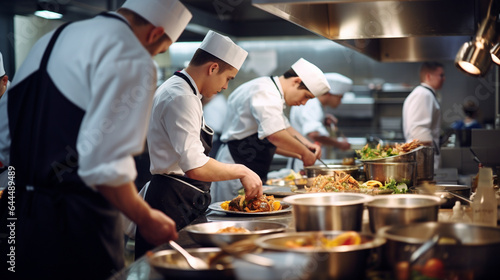 Fototapeta Naklejka Na Ścianę i Meble -  A team of young chefs preparing dishes in a busy restaurant kitchen, with copy space