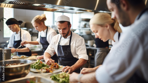 A team of young chefs preparing dishes in a busy restaurant kitchen, with copy space photo