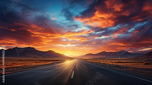 Unendliche Straße in den Sonnenuntergang, wunderschönes Farbenspiel, traumhafte Kulisse mit Wolken am Himmel © Daniel