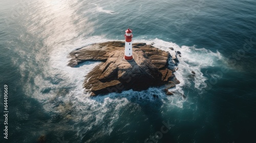 an aerial view of a lighthouse on an island in the sea