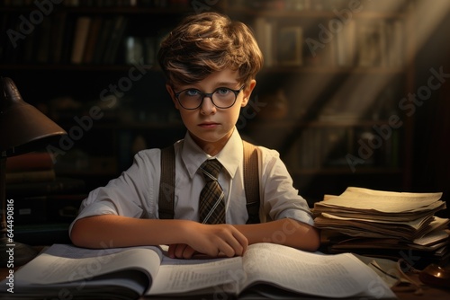 Stylish boy student with glasses sitting at lessons.