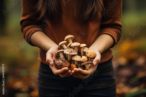 Close up photo of woman holding just geathered mushrooms in autumn forest