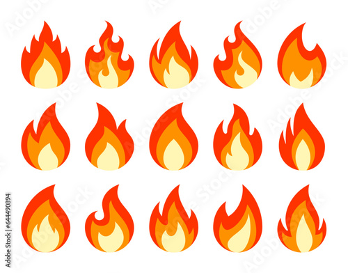 Fire emoji. Campfire burning flame, cartoon hot red bonfire, fireball abstract cool awesome symbol. Isolated wildfire vector icons set