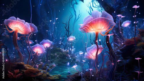 Underwater fantasy with imaginary marine flora that glows and pulses