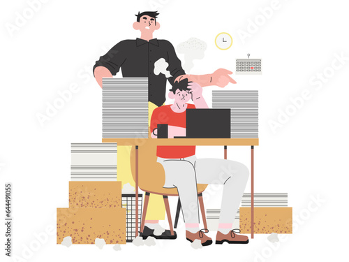 A male employee in a stressful situation at his working place doing his job in a hurry under presure of an angry boss who is standing behind him and yelling that he is too slow. Hard work concept.
