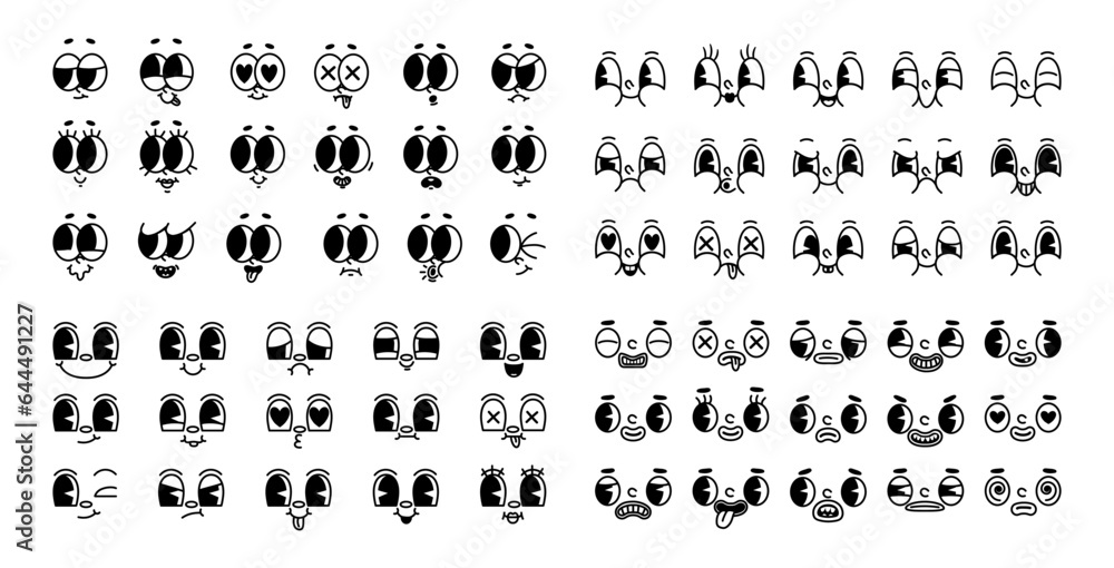 Cartoon retro face. Vintage 30s mascot expression character. Comic eyes and mouth. Old style funny animation faces for trendy design. Happy, angry, sad emotions. Vector set