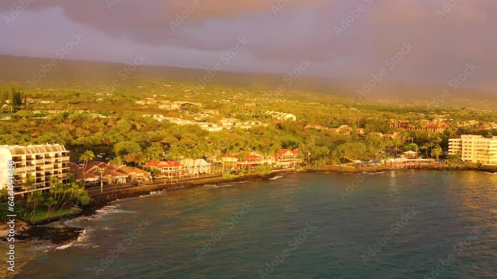 Aerial drone view of the Kailua-Kona waterfront, Big Island of Hawaii, Hawaii, United States. Aerial drone view of the Kailua-Kona waterfront, Big Island of Hawaii, Hawaii, United States.