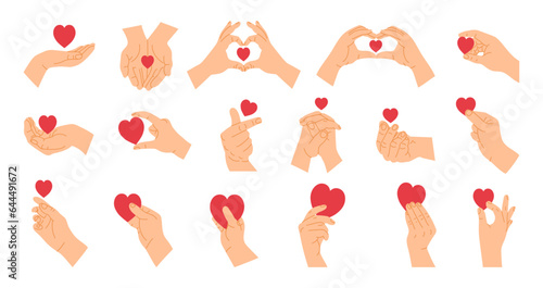 Cartoon hands with heart. Red heart in expression hands, gesture poses showing and holding love heart shape. Romance concept with palm and fingers for Valentines Day vector set