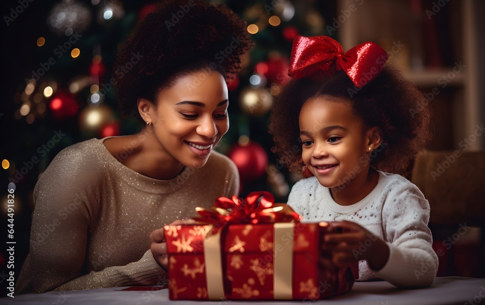Mother and daughter at Christmas. African family Close-up portrait of cute little girl unpacking gifts with her happy mom at home at xmas night, new year celebration, magic garlands bokeh background Mother and daughter at Christmas. African family Close-up portrait of cute little girl unpacking gifts with her happy mom at home at xmas night, new year celebration, magic garlands bokeh background