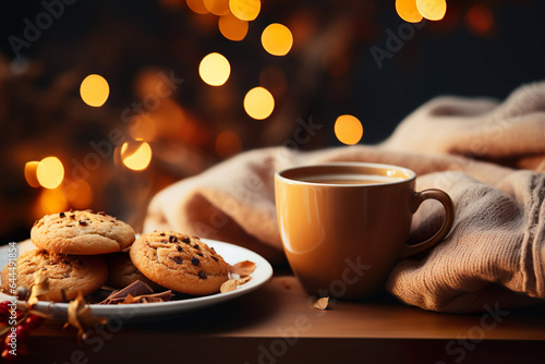 a mug with hot coffee and cookies on a wooden ground with fall decorations and a woolen blanket in a cozy athmosphere, fall background