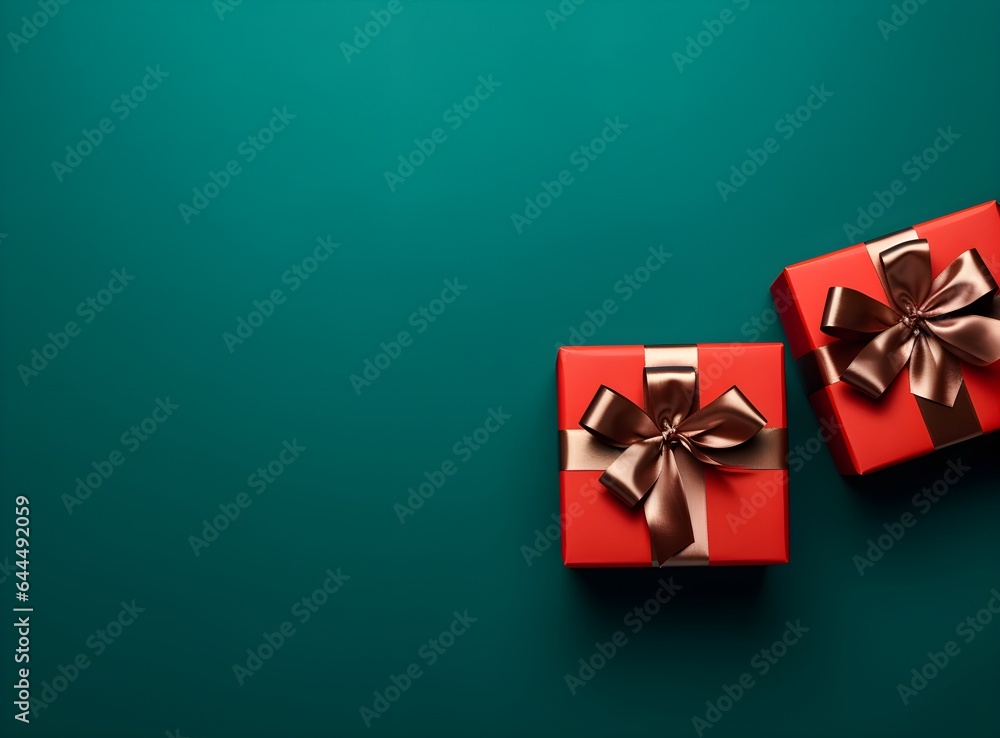 Christmas and new year background - red and emerald green gift boxes with ribbons on a modern color background, bokeh garlands, banner for celebration, copyspace Christmas and new year background - red and emerald green gift boxes with ribbons on a modern color background, bokeh garlands, banner for celebration, copyspace