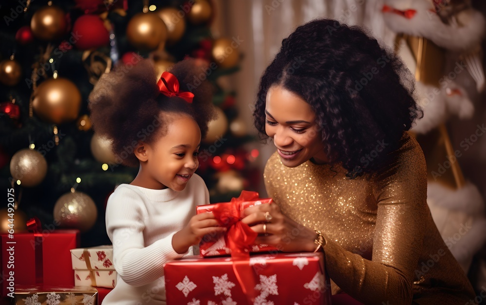 Mother and daughter at Christmas. Close-up portrait of cute little girl unpacking gifts with her happy mom at home at xmas night, new year celebration, magic garlands bokeh background Mother and daughter at Christmas. Close-up portrait of cute little girl unpacking gifts with her happy mom at home at xmas night, new year celebration, magic garlands bokeh background