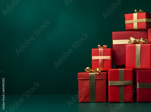 Christmas and new year background - red and emerald green gift boxes with ribbons on a modern color background, bokeh garlands, banner for celebration, copyspace