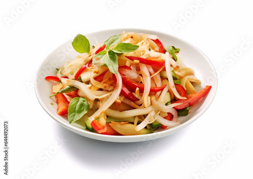 Plate of som tam popular asian chili salad on white background.Macro.AI Generative