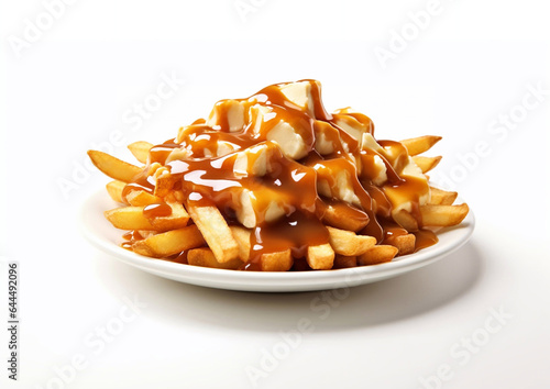 Plate of poutine traditional canadian unhealthy snack on white background.Macro.AI Generative photo