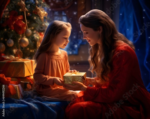 Mother and daughter at Christmas. Close-up portrait of cute little girl unpacking gifts with her happy mom at home at xmas night, new year celebration, magic garlands bokeh background