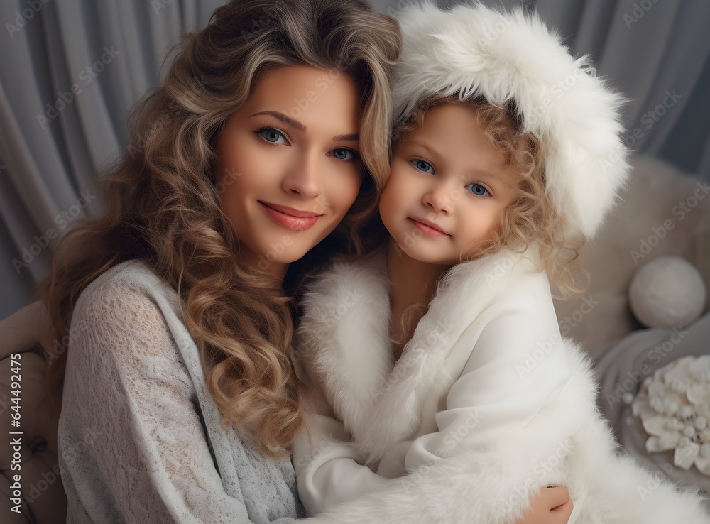Mother and daughter at Christmas. Close-up portrait of cute little girl hugging her happy mom while sitting at home in xmas time, new year celebration, white colors, family photoshoot, multinational Mother and daughter at Christmas. Close-up portrait of cute little girl hugging her happy mom while sitting at home in xmas time, new year celebration, white colors, family photoshoot, multinational