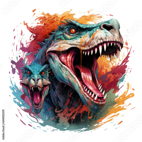An epic Dinosaur t-shirt design capturing a fierce battle between a group of mighty dragon-dinosaur hybrids and a squad of futuristic, Generative Ai © creativeproartist