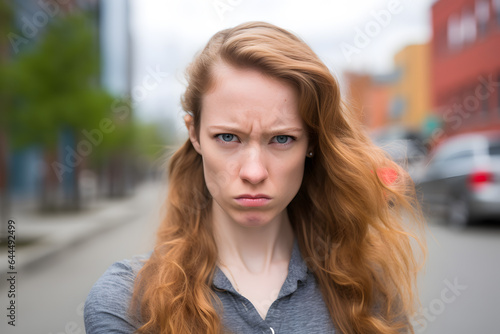 A young girl being skeptical, shot in an urban environment, emotions or moods concept. Generative AI