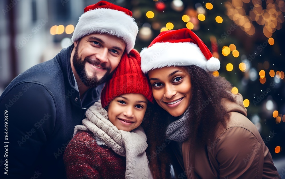 Fototapeta premium Christmas multiracial family close up portrait photoshoot bokeh garlands background, outside Happy mom, dad and little daughter in Santa Claus hats . Enjoying love hugs, holidays. Togetherness concept