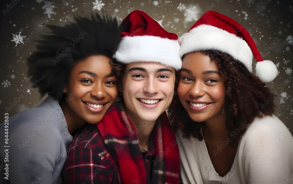 Christmas multiracial friends close up portrait photoshoot on red modern color background. mom, People celebrating in Santa Claus hats. Enjoying love hugs, holidays. Togetherness concept