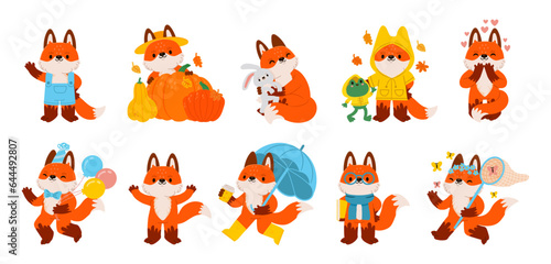 Cute mascot fox. Cartoon red foxes character. Funny and happy little fall walking animal. Foxy emotional forest mammal with pumpkins and friends. Autumn stickers. Vector set © Foxy Fox