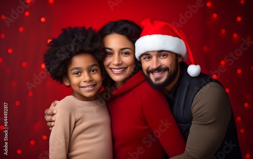 Christmas multiracial family close up portrait photoshoot on red modern color background. Happy mom, dad and little son in Santa Claus hats . Enjoying love hugs, holidays. Togetherness concept