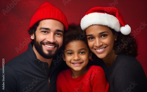 Christmas multiracial family close up portrait photoshoot on red modern color background. Happy mom  dad and little daughter in Santa Claus hats . Enjoying love hugs  holidays. Togetherness concept