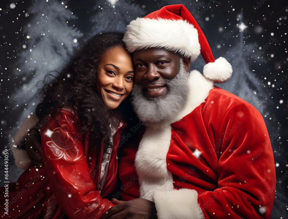 African American girl is hugging Santa Claus on snowy forest natural background, closeup. Cheerful pretty couple, celebrating New Year 2023 or Christmas together African American girl is hugging Santa Claus on snowy forest natural background, closeup. Cheerful pretty couple, celebrating New Year 2023 or Christmas together