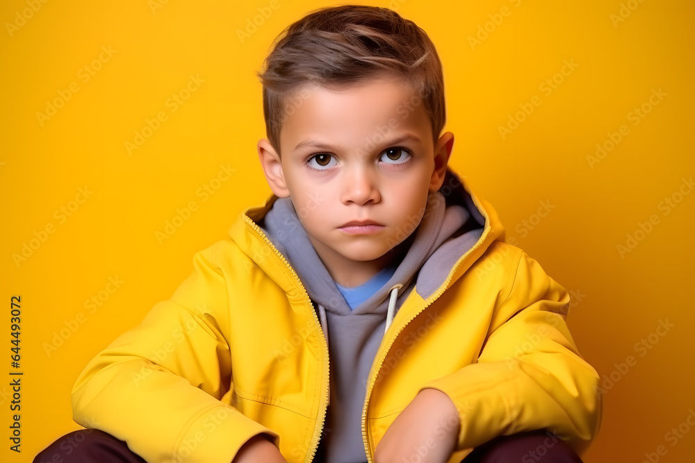 Studio portrait of a little boy being focused and determined, isolated on colorful background. Kids emotions or moods concept. Generative AI Studio portrait of a little boy being focused and determined, isolated on colorful background. Kids emotions or moods concept. Generative AI