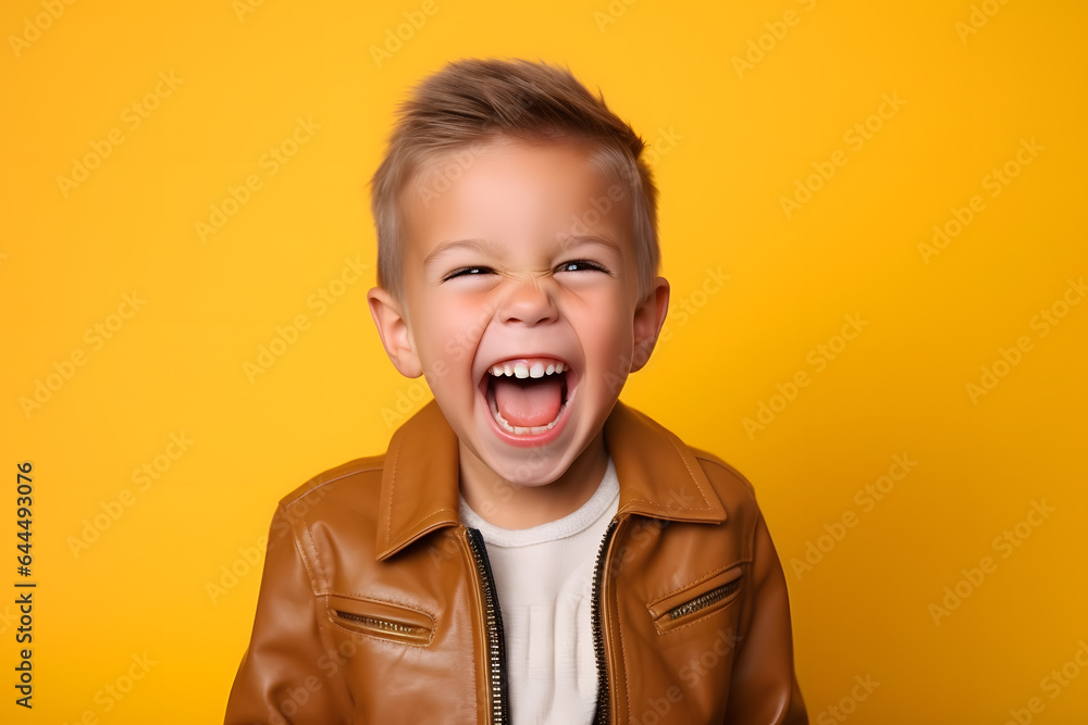 Studio portrait of a little boy laughing happily, isolated on colorful background. Kids emotions or moods concept. Generative AI Studio portrait of a little boy laughing happily, isolated on colorful background. Kids emotions or moods concept. Generative AI