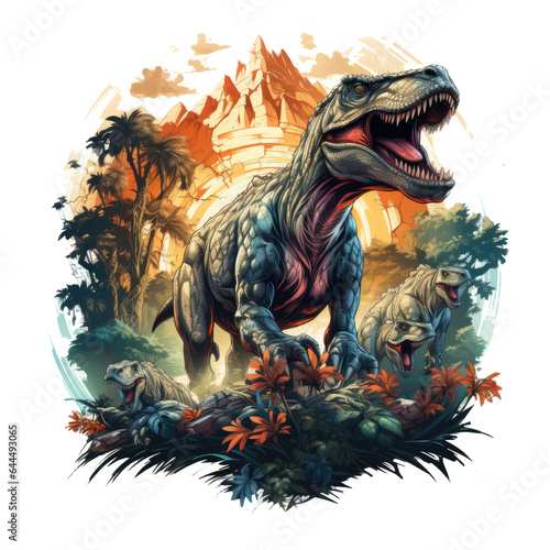A captivating Dinosaur t-shirt design showcasing a group of adventurers traversing a treacherous, Generative Ai