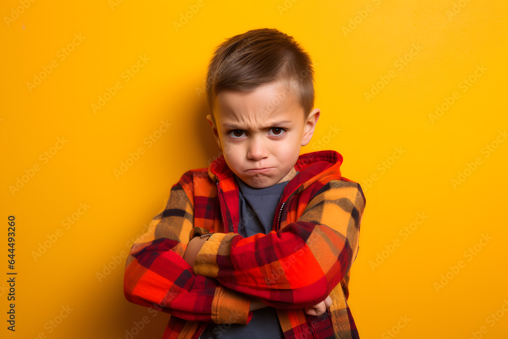 Studio portrait of a little boy being determined, isolated on colorful background. Kids emotions or moods concept. Generative AI Studio portrait of a little boy being determined, isolated on colorful background. Kids emotions or moods concept. Generative AI