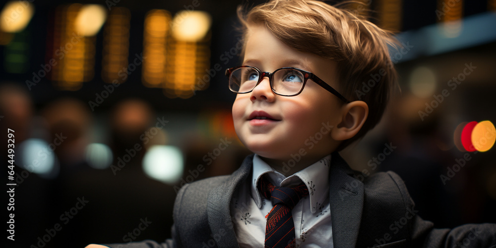 Intelligentes Kind mit Anzug beim Börsenhandel schaut zu und lernt im Querformat für Banner, ai generativ - obrazy, fototapety, plakaty 