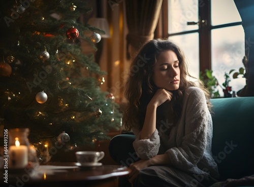 Frustrated depressive sad sick beautiful woman in pajamas is sitting on the sofa in christmas crying. New year's eve, dark background Holidays alone at home. Christmas tree, decoration
