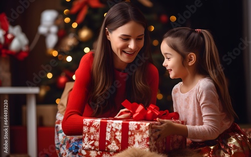 Mother and daughter at Christmas. Close-up portrait of cute little girl unpacking gifts with her happy mom at home at xmas night  new year celebration  magic garlands bokeh background